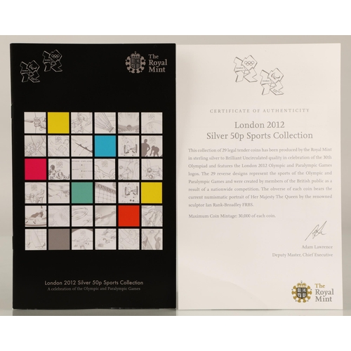 153 - The Royal Mint London 2012 silver 50p sports collection, comprising of twenty nine coins in a leathe... 