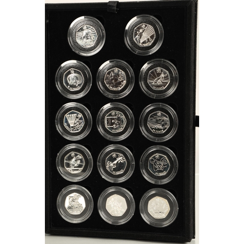 153 - The Royal Mint London 2012 silver 50p sports collection, comprising of twenty nine coins in a leathe... 