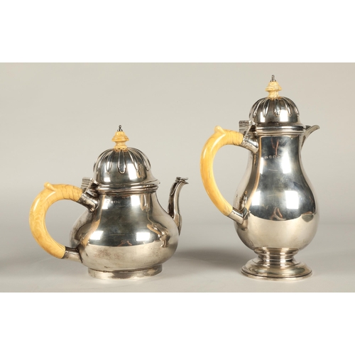 159 - Four piece silver tea service comprising of teapot coffee pot, sugar basin and cream jug with ivory ... 