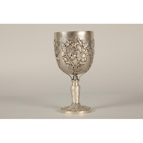 163 - Continental silver goblet decorated with embossed thistles, 18cm high, 298g