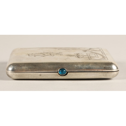 172 - Russian silver cigarette case with cabochon stone clasp