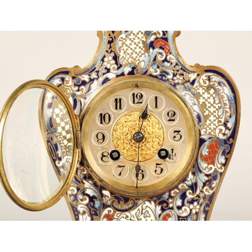 176 - 19th Century French Brass Champlevé enamel mantle clock, the silver dial with numerals contained in ... 