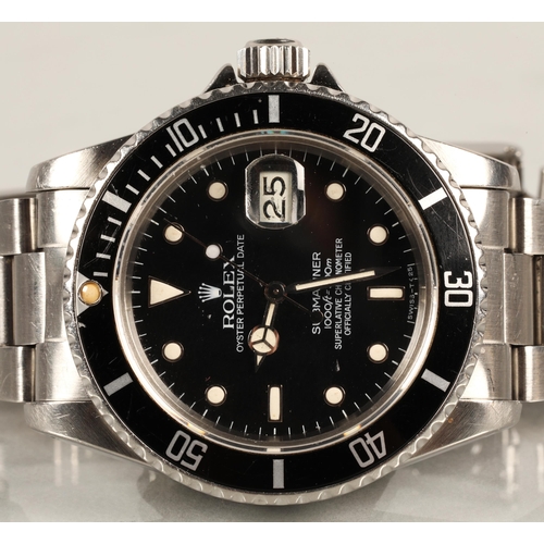 109 - Rolex Oyster Perpetual Date Submariner Gentleman's wrist watch, black dial with luminous hour marker... 