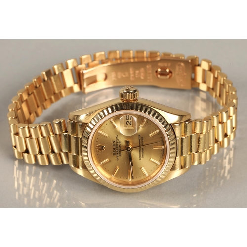 108 - Rolex 18K yellow gold Oyster Perpetual Date Just Ladies wrist watch, champagne dial with hour marker... 