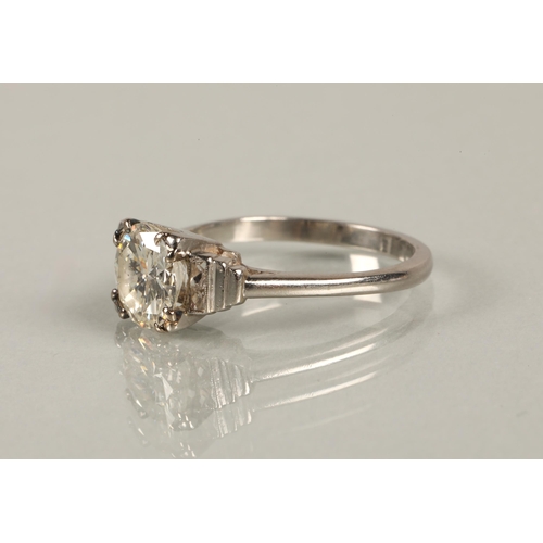 47 - Ladies diamond solitaire on white metal shank, 1.5 carat stone with diamond shoulders, ring size M/N... 