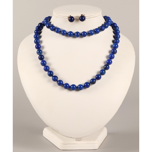 80 - Lapis Lazuli beaded necklace with each bead 1cm long with a pair of 14k yellow gold mounted lapis la... 