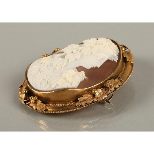 66 - Victorian cameo brooch with the shell carved with a young woman mounted on yellow foliate metal, 7cm... 