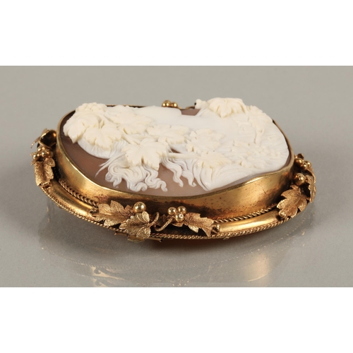 66 - Victorian cameo brooch with the shell carved with a young woman mounted on yellow foliate metal, 7cm... 