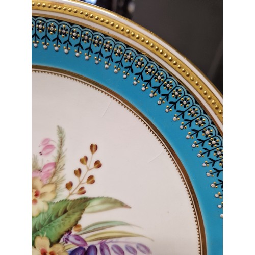 35 - Royal Worcester set of six hand painted dessert plates each with central flowers within turquoise bo... 