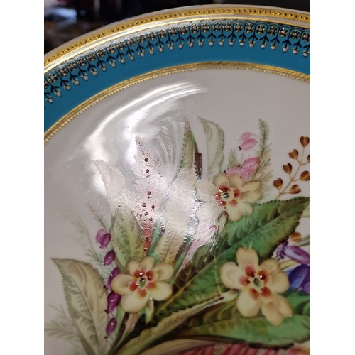 35 - Royal Worcester set of six hand painted dessert plates each with central flowers within turquoise bo... 