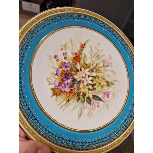 35 - Royal Worcester set of six hand painted dessert plates each with central flowers within turquoise bo... 