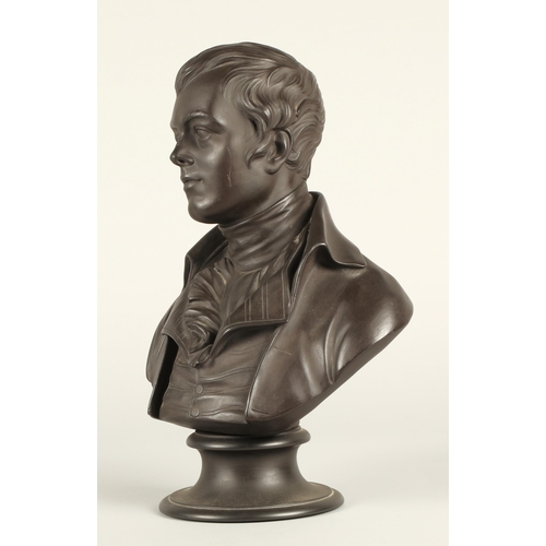 4 - Mid 19th century Wedgwood black basalt bust of Robert Burns on a black basalt base, 34cm high.