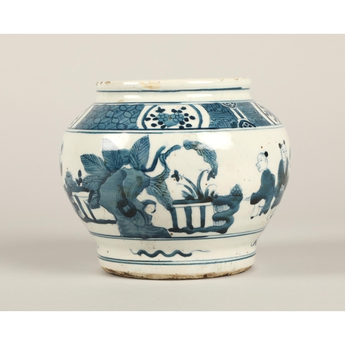 32 - Chinese blue and white vase depicting figures in a garden, 14 cm high.