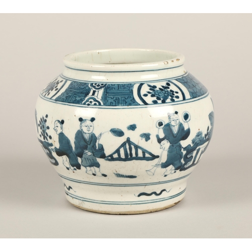 32 - Chinese blue and white vase depicting figures in a garden, 14 cm high.