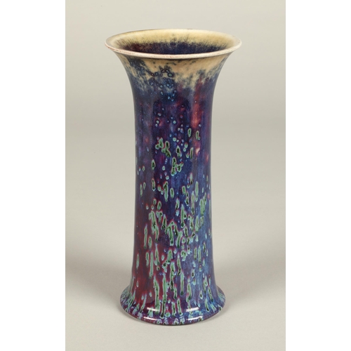 1 - Ruskin Pottery high fired lily vase, the glaze in mottled tones of grey, red and lavender, with impr... 