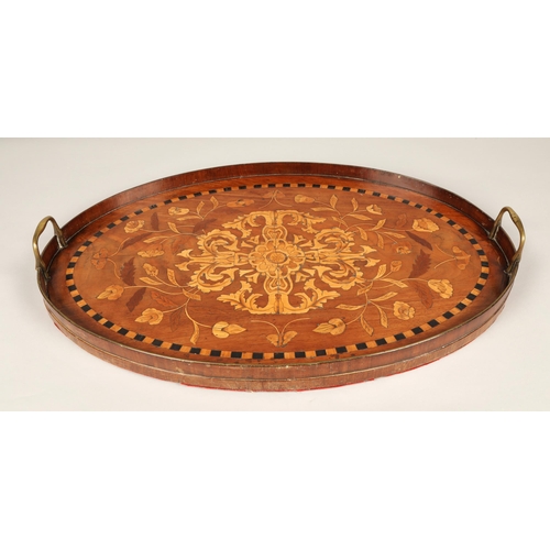 193 - 19th Century oval marquetry tray with brass handles,64cm long.