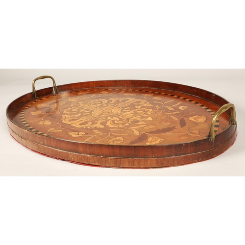 193 - 19th Century oval marquetry tray with brass handles,64cm long.