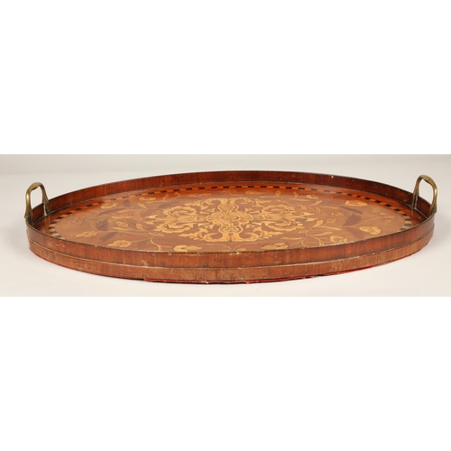 193 - 19th Century oval marquetry tray with brass handles,64cm long.