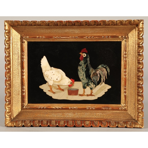 185 - Pietra dura picture, depicting two hens in a gilt frame, 12 cm x 18cm