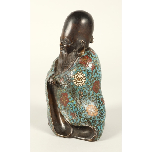 41 - 19th Century Japanese Bronze champlevé enamel figure of Shou Lao standing draped in a robe holding a... 