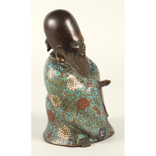 41 - 19th Century Japanese Bronze champlevé enamel figure of Shou Lao standing draped in a robe holding a... 