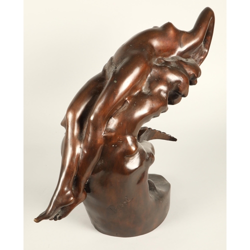 222 - Bronze sculpture of a reclining nude on a rock with bird, signed Rossi55cm high 60cm wide 20cm depth... 