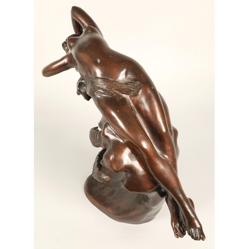 222 - Bronze sculpture of a reclining nude on a rock with bird, signed Rossi55cm high 60cm wide 20cm depth... 