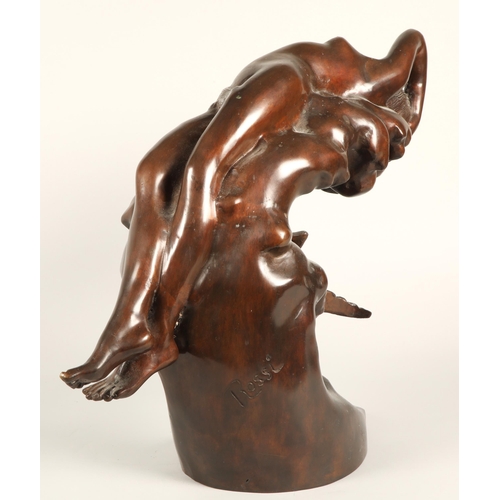 222 - Bronze sculpture of a reclining nude on a rock with bird, signed Rossi55cm high 60cm wide 20cm depth... 