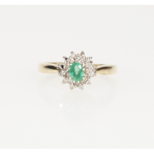 586 - Gold, emerald and diamond cluster ring, hallmark rubbed, size S/T, 2.5g, two diamonds missing.