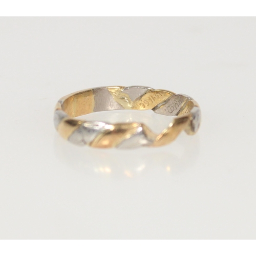 597 - Yellow metal and platinum two tone ring, hallmark missing due to resize, size T/U, 4.2g.