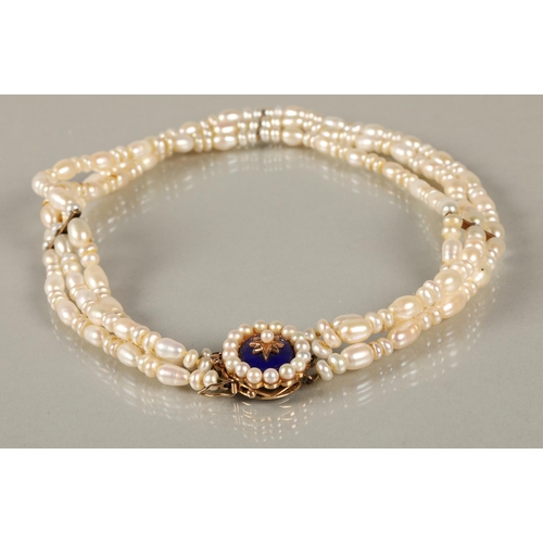 88 - Ladies three strand pearl choker necklace with a 9ct yellow gold enamel pearl set clasp, 36cm long.