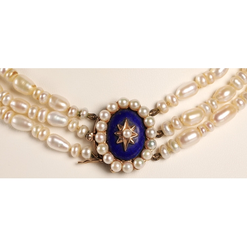 88 - Ladies three strand pearl choker necklace with a 9ct yellow gold enamel pearl set clasp, 36cm long.