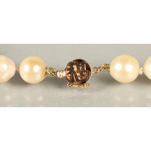 77 - Single string of cultured pearls with a Chinese14k gold clasp, 82cm long.