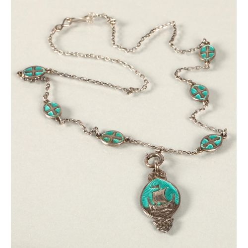 90 - Iona silver enamelled necklace with enamelled long ship decoration by Alexander Ritchie.