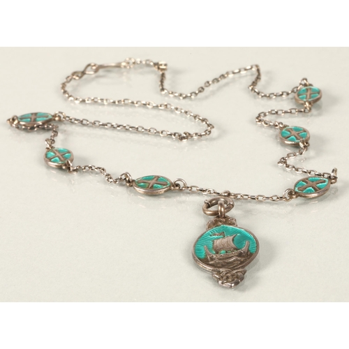 90 - Iona silver enamelled necklace with enamelled long ship decoration by Alexander Ritchie.