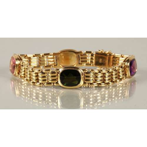 52 - Ladies 18ct yellow gold bracelet set with cabochon gems to include amethyst, tourmaline, citrine , s... 