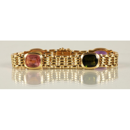 52 - Ladies 18ct yellow gold bracelet set with cabochon gems to include amethyst, tourmaline, citrine , s... 