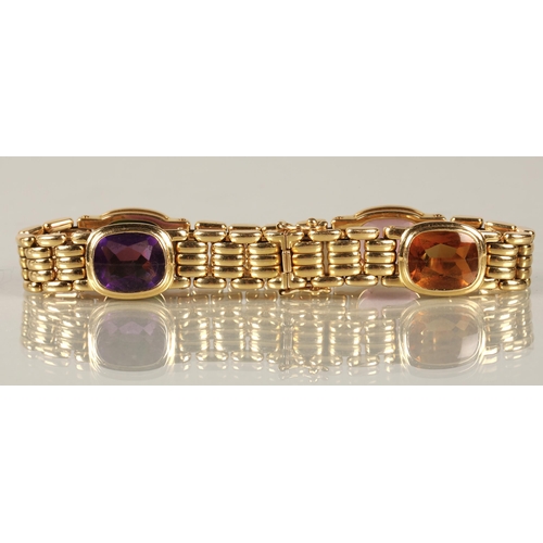 52 - Ladies 18ct yellow gold bracelet set with cabochon gems to include amethyst, tourmaline, citrine , s... 