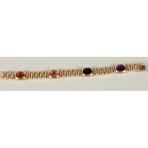 52 - Ladies 18ct yellow gold bracelet set with cabochon gems to include amethyst, tourmaline, citrine , s... 