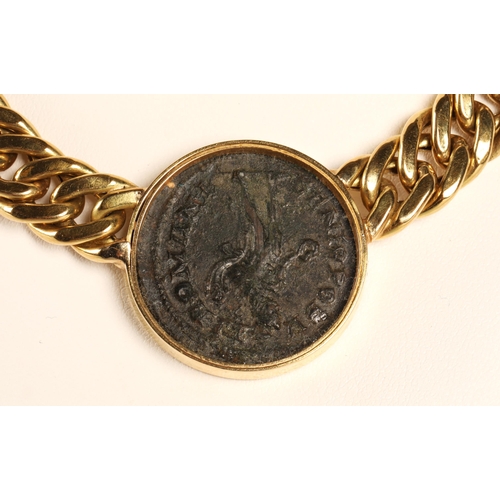 64 - Continental 18ct gold necklace mounted with ancient coin stamped 750, total weight 56g.