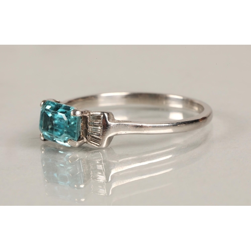 81 - Zircon and diamond ring, rectangular cut blue zircon flanked by three baguette cut diamonds either s... 