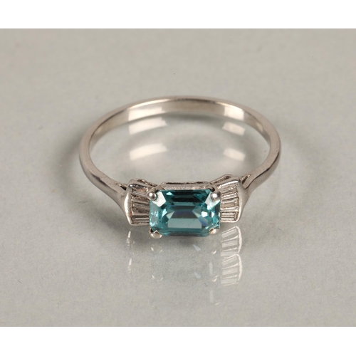 81 - Zircon and diamond ring, rectangular cut blue zircon flanked by three baguette cut diamonds either s... 