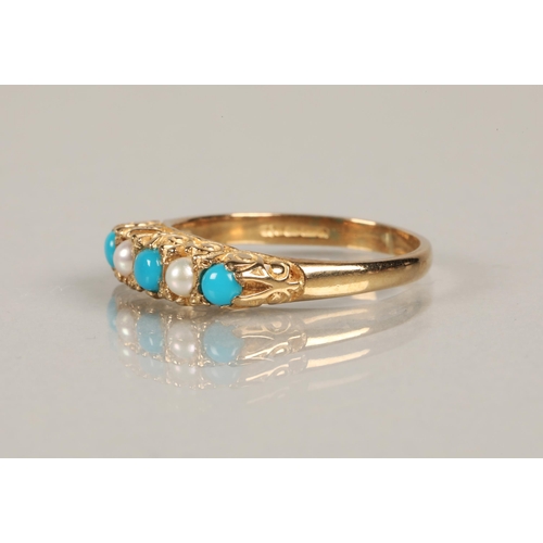 86 - Ladies turquoise and seed pearl ring, ring size O.