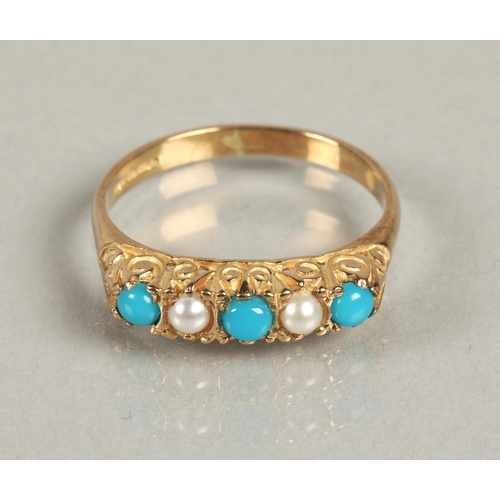 86 - Ladies turquoise and seed pearl ring, ring size O.