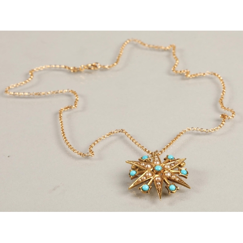 87 - 9ct gold turquoise and seed pearl pendant and chain, total weight 5.3.g. Chain is approx. 39cm