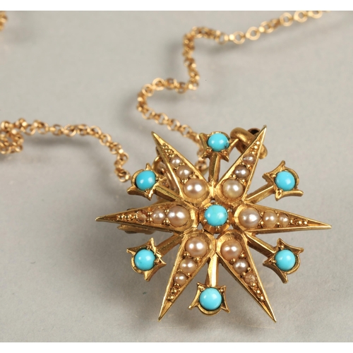 87 - 9ct gold turquoise and seed pearl pendant and chain, total weight 5.3.g. Chain is approx. 39cm