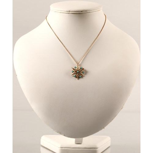 87 - 9ct gold turquoise and seed pearl pendant and chain, total weight 5.3.g. Chain is approx. 39cm