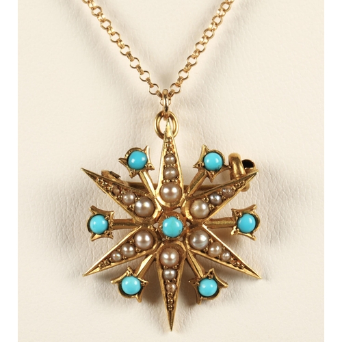 87 - 9ct gold turquoise and seed pearl pendant and chain, total weight 5.3.g. Chain is approx. 39cm