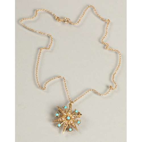 87 - 9ct gold turquoise and seed pearl pendant and chain, total weight 5.3.g. Chain is approx. 39cm