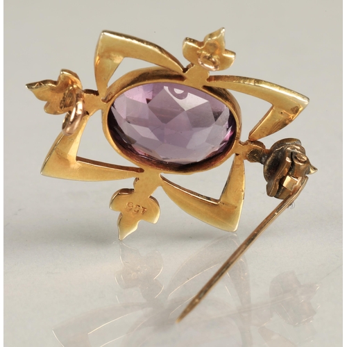 84 - Ladies 9ct yellow gold amethyst and seed pearl brooch.